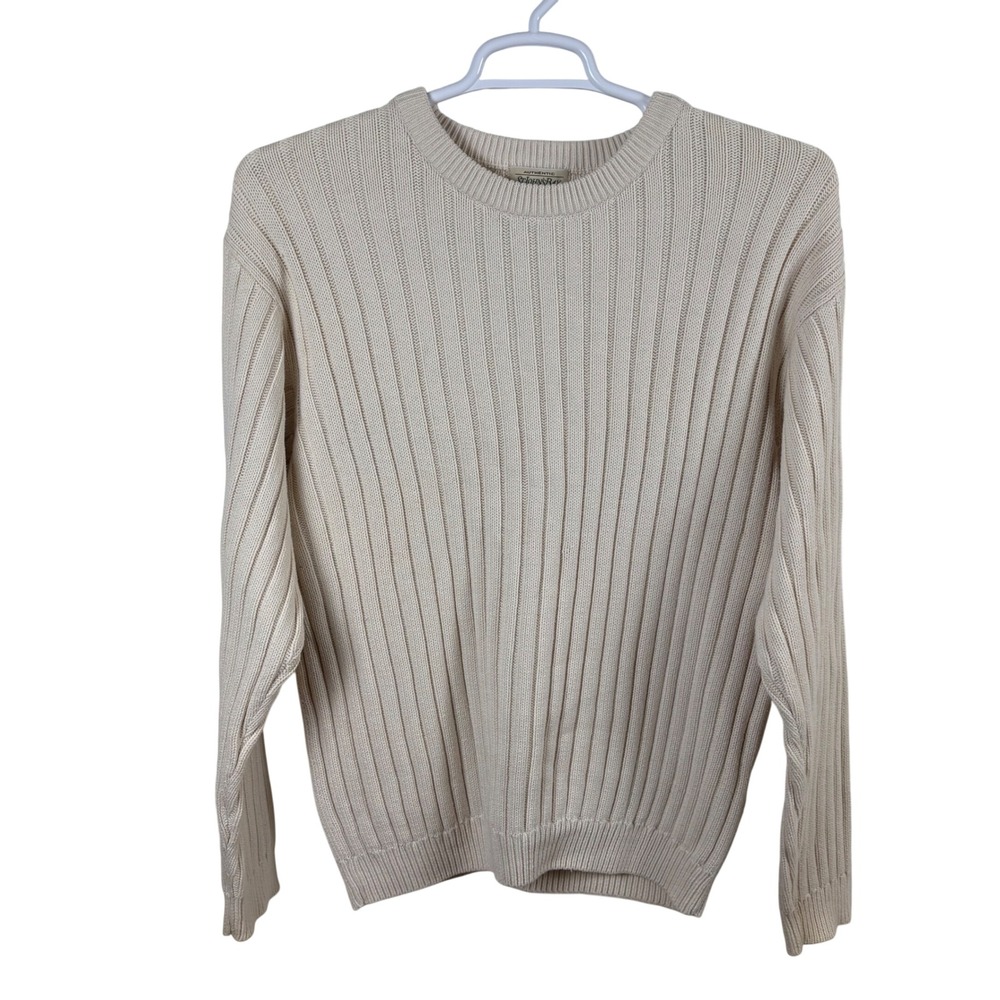 Vtg 90s St. John's Bay Sweater Men's L Cream Ribbed Knit Cotton Coastal Grandpa